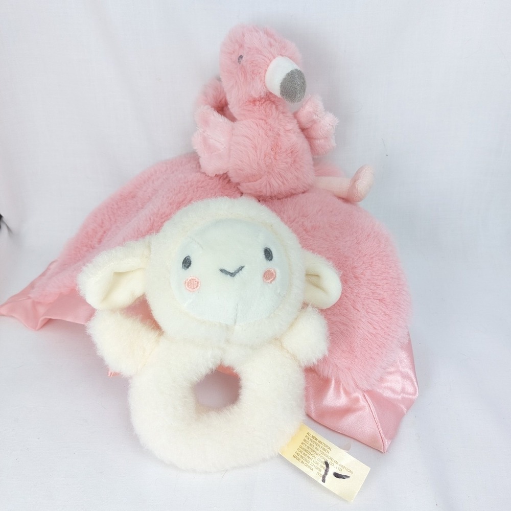 Infant Toy Lot Of 2 Cloud Island Pink Flamingo Blanket Lamb‎ Plush Rattle